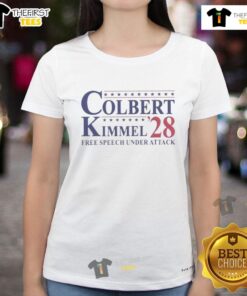 Official Colbert Kimmel 2028 Free Speech Under Attack Ladies Tee featuring bold graphics and a stylish fit for supporters.