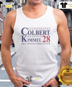 Official Colbert Kimmel 2028 Free Speech Under Attack tank top featuring bold graphics promoting free speech advocacy.