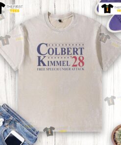 Official Colbert Kimmel 2028 Free Speech Under Attack washed t-shirt showcasing a bold design for free speech advocates.