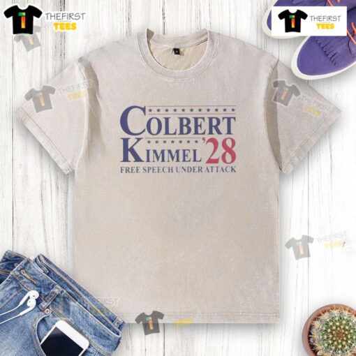 Official Colbert Kimmel 2028 Free Speech Under Attack washed t-shirt showcasing a bold design for free speech advocates.
