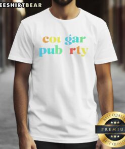 Alt Text: Official Cougar Puberty Logo T-Shirt featuring a bold logo design, perfect for fans of the Cougar Puberty brand.