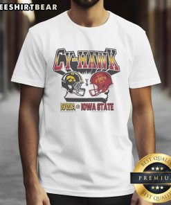 Alt Text: Official Cy-Hawk Iowa Hawkeyes vs Iowa State Cyclones helmet t-shirt featuring team logos and vibrant colors.