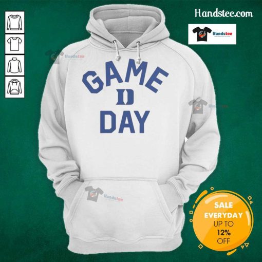 Alt Text: Official Duke Blue Devils Game Day logo on a college hoodie, perfect for fans and game day attire.