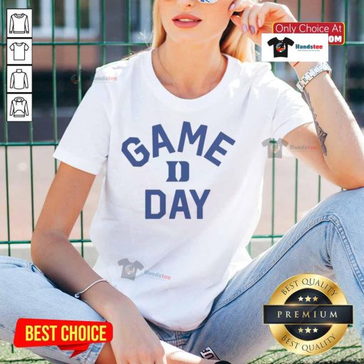 Alt Text: Official Duke Blue Devils Game Day logo on a stylish college ladies' tee, perfect for cheering at home games.