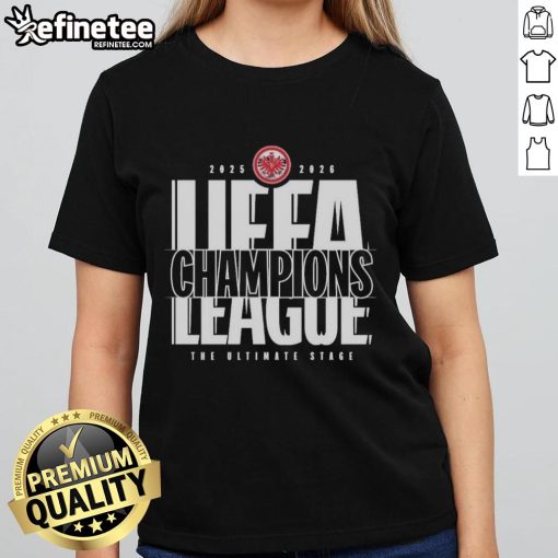 Official Eintracht Frankfurt 2025-2026 UEFA League Champions Ladies Tee showcasing team logo and stylish design.