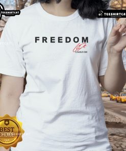Alt Text: Official Fight For Freedom Charlie Kirk 1993-2025 red signature tribute ladies tee showcasing a stylish design.