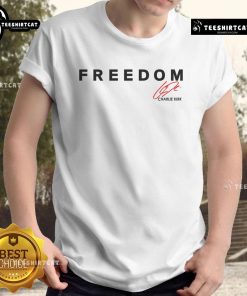 Official Fight For Freedom Charlie Kirk 1993-2025 tribute t-shirt featuring a bold red signature design.
