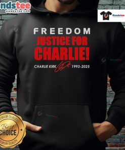 Alt Text: Official Freedom & Justice for Charlie Kirk 1993-2025 red signature tribute hoodie showcasing bold design.
