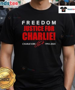 Official Freedom Justice For Charlie Kirk 1993-2025 red tribute t-shirt featuring signature design and bold lettering.