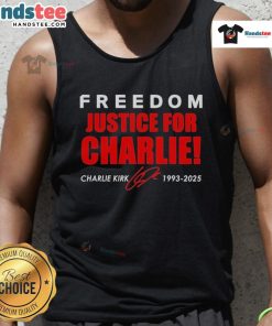 Alt Text: Red tank top featuring Official Freedom Justice for Charlie Kirk 1993-2025 signature tribute design.
