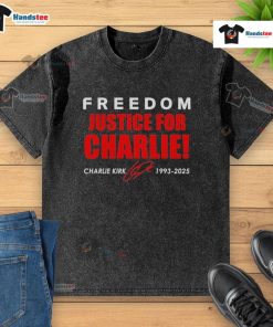 Red tribute washed t-shirt featuring 'Freedom & Justice for Charlie Kirk 1993-2025' signature design.