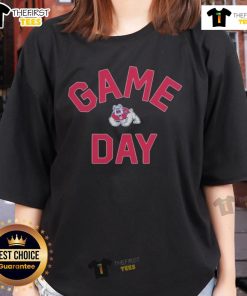 Alt Text: Official Fresno State Bulldogs Game Day logo on a stylish college ladies tee for fans and supporters.