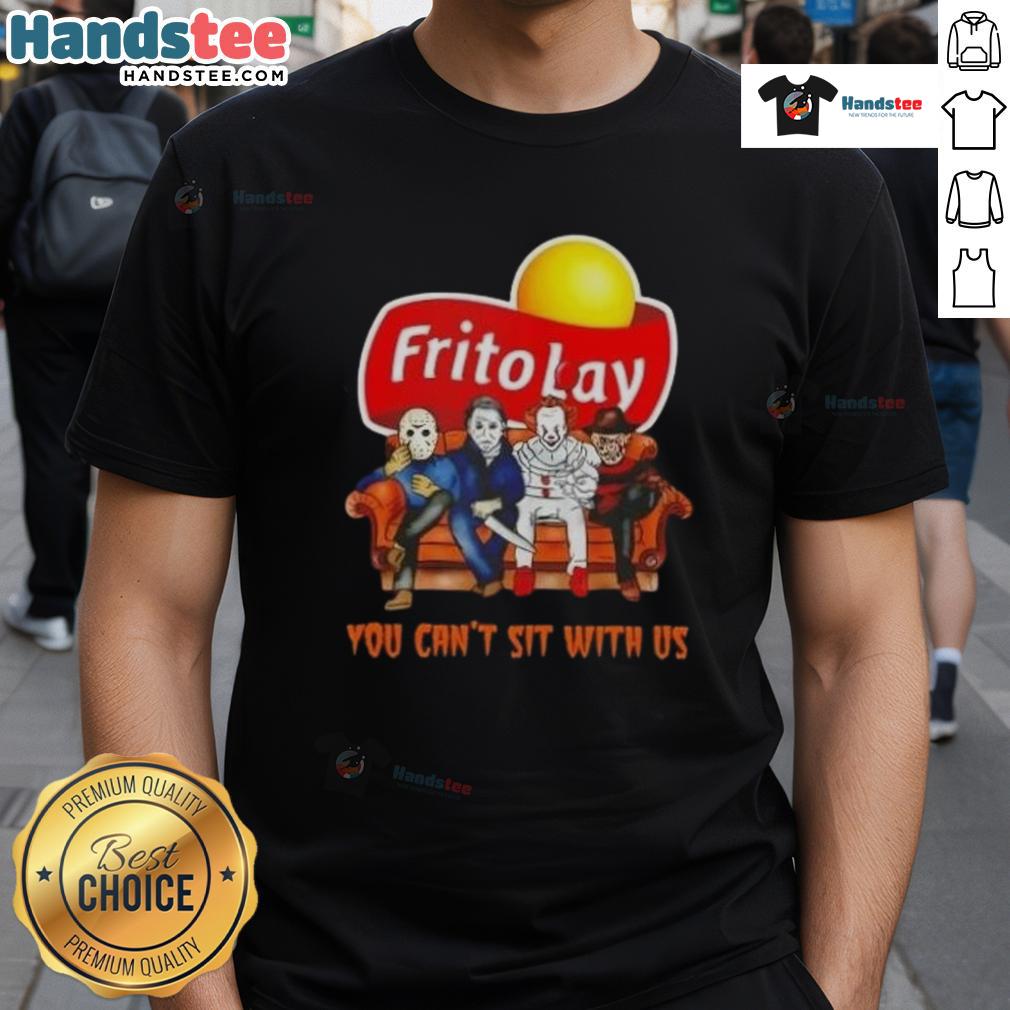 Official Frito Lay X Horror Movies Halloween You Can’T Sit With Us T Shirt Alt Text: Official Frito Lay X Horror Movies Halloween T-Shirt featuring 'You Cant Sit With Us' design for spooky season.