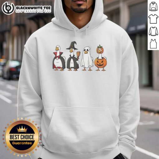 Official geese dressed up in a Halloween character hoodie, showcasing festive spirit and playful costume design.