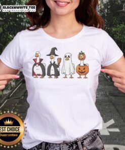 Official geese dress up as Halloween characters on a stylish ladies tee, perfect for festive celebrations.
