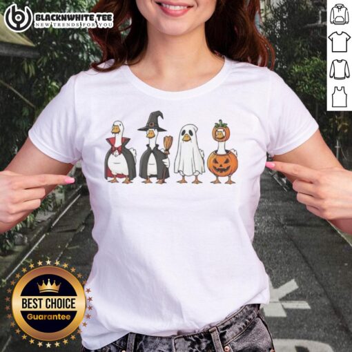 Official geese dress up as Halloween characters on a stylish ladies tee, perfect for festive celebrations.