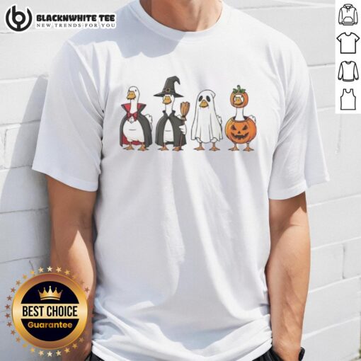 Official Geese Dress Up As A Halloween Character T-Shirt featuring playful geese in festive costumes for a fun holiday look.