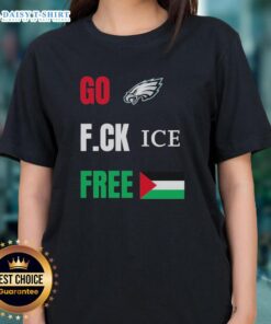Philadelphia Eagles ladies tee featuring the 'Go Birds' design with a Free Palestine flag, perfect for football fans.