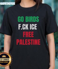Official Go Birds F.C.K. Ice Free Palestine shirt featuring Hannah Einbinder in a stylish ladies tee design.