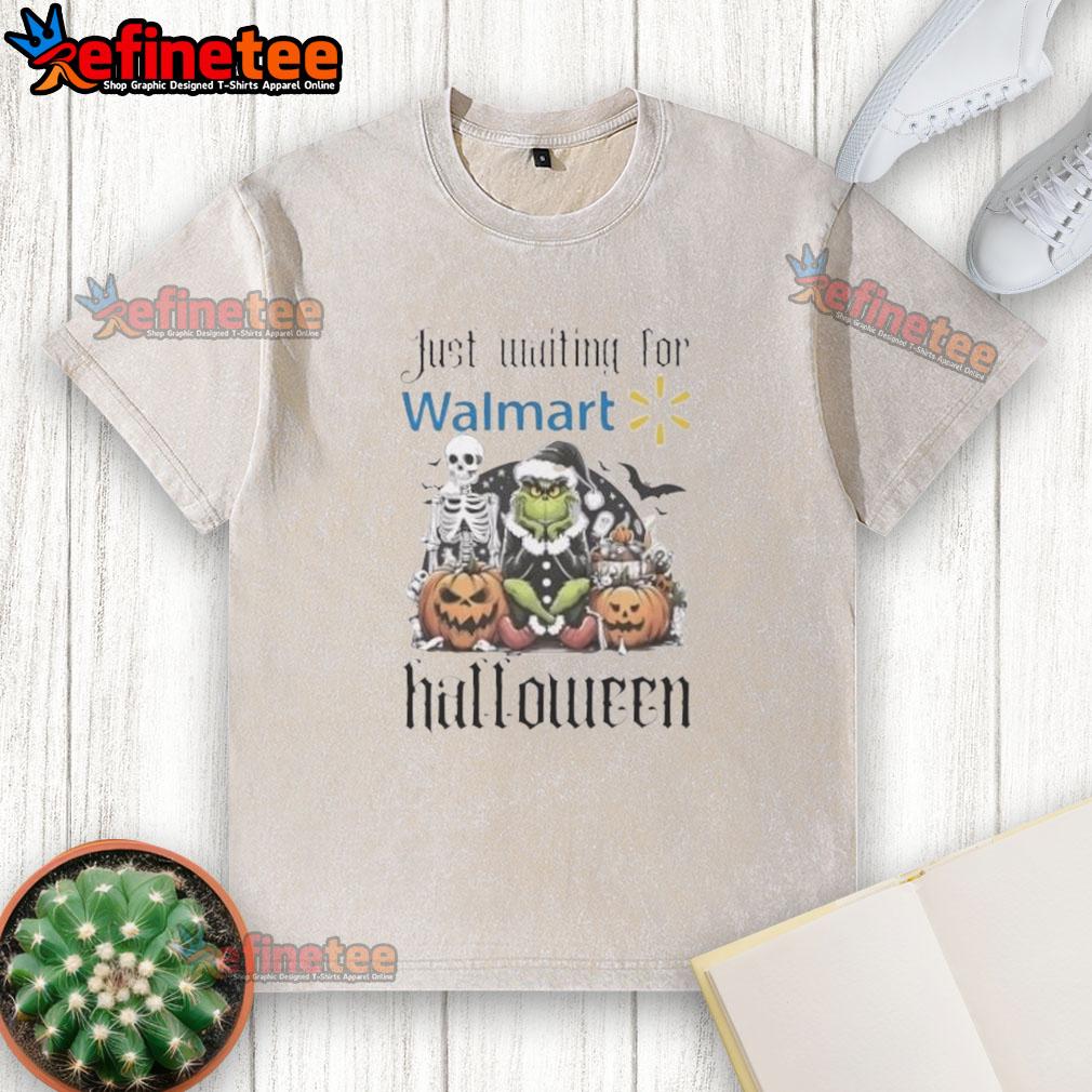Official Grinch Just Waiting For Walmart Halloween Washed T Shirt Alt Text: Official Grinch Halloween washed t-shirt for Walmart, featuring a playful design perfect for festive celebrations.