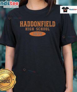 Alt Text: Official Haddonfield High School 1978 Ladies Tee featuring vintage design and school colors, perfect for fans and collectors.