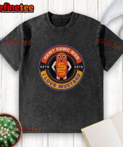 Official Hawt Dawg Man I Love Mustard Est 2015 washed t-shirt in casual style, perfect for mustard lovers.