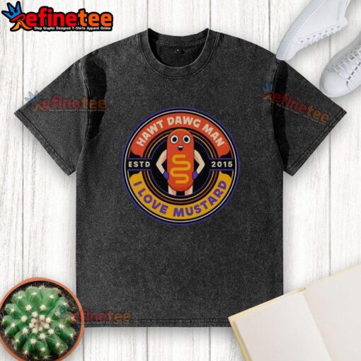 Official Hawt Dawg Man I Love Mustard Est 2015 washed t-shirt in casual style, perfect for mustard lovers.