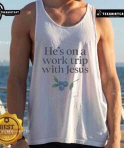 Erika Kirk wearing 'He's on a Work Trip with Jesus' tank top, showcasing faith-based Christian apparel for women.