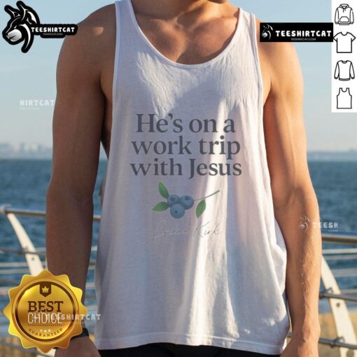 Erika Kirk wearing 'He's on a Work Trip with Jesus' tank top, showcasing faith-based Christian apparel for women.