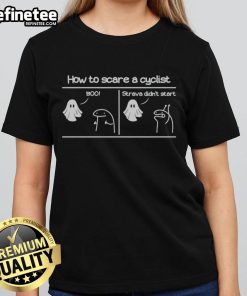 Official Horror Story: How to Scare a Cyclist Tee, featuring 'Boo Strava Didn't Start' design for cycling enthusiasts.