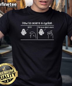 Alt Text: Official Horror Story T-Shirt featuring 'How To Scare A Cyclist' design, perfect for Strava fans and cycling enthusiasts.