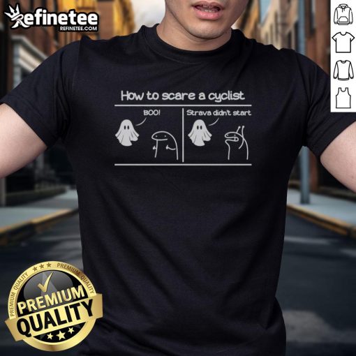 Alt Text: Official Horror Story T-Shirt featuring 'How To Scare A Cyclist' design, perfect for Strava fans and cycling enthusiasts.