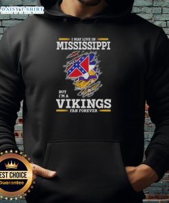 Cozy hoodie with 'I May Live In Mississippi But I'm A Minnesota Vikings Fan Forever' design, perfect for football fans.