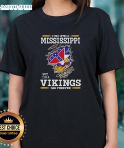 Official I May Live In Mississippi But I'm A Minnesota Vikings Fan Forever Ladies Tee showcasing team pride and style.