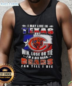 Alt Text: Chicago Bears fan wearing a tank top that says 'I May Live In Texas But I'm A Die-Hard Chicago Bears Fan Till I Die'