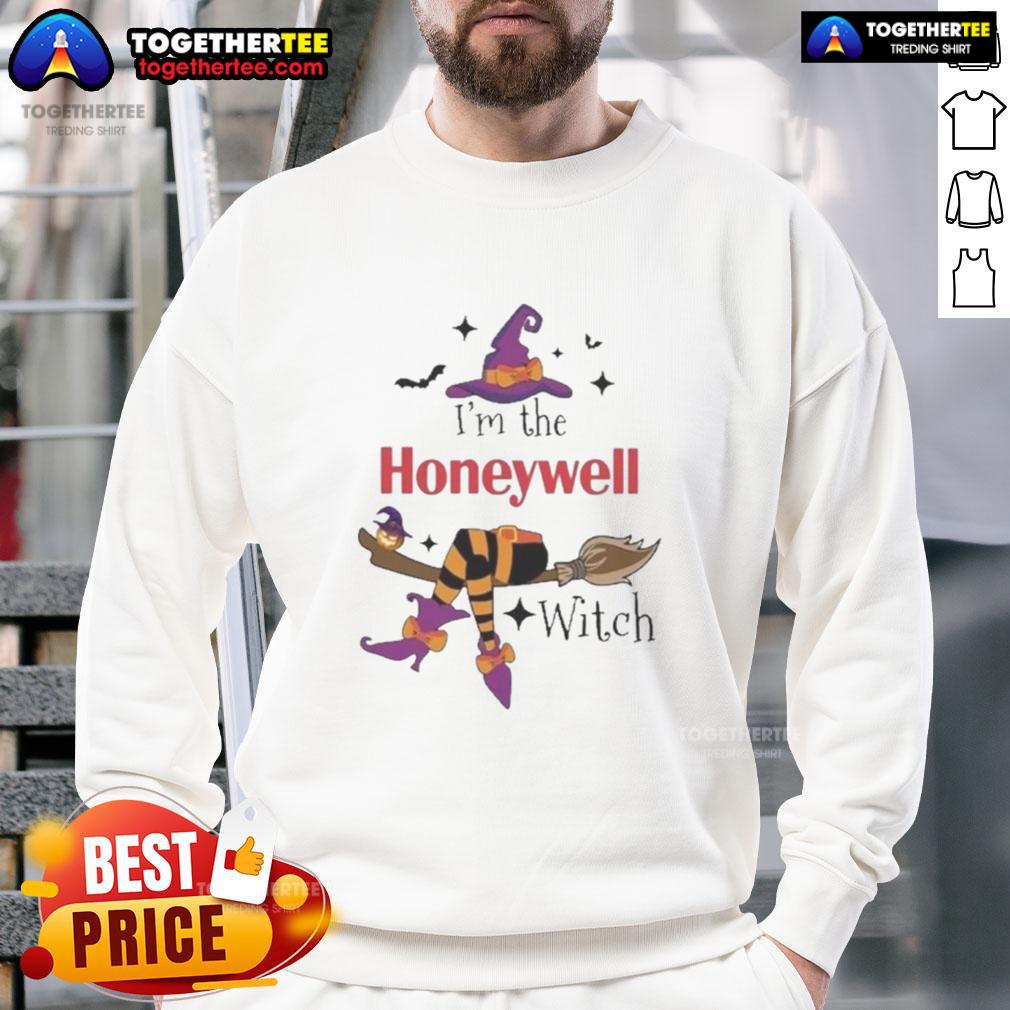 Official I'M The Honeywell Witch Halloween Sweatshirt Alt Text: Official I'm The Honeywell Witch Halloween Sweatshirt with spooky graphics, perfect for festive fall celebrations.