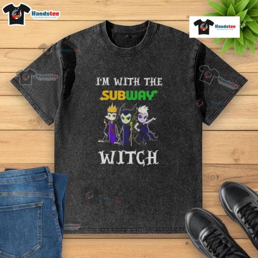 Official I'm With The Subway Witch Villains Halloween Washed T-Shirt featuring spooky design for Halloween enthusiasts.