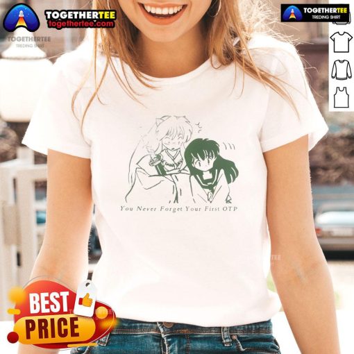 Official Inuyasha You Never Forget Your First OTP ladies tee featuring iconic anime characters and vibrant design.