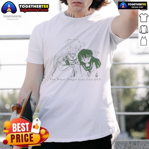 Official Inuyasha You Never Forget Your First OTP T-Shirt featuring iconic characters in vibrant colors, perfect for fans.