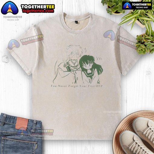 Official Inuyasha You Never Forget Your First OTP washed t-shirt featuring iconic characters from the beloved anime series.