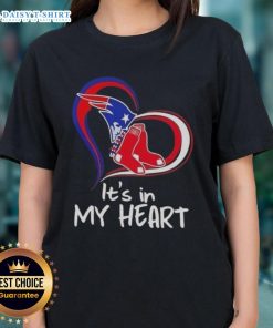Official 'It's In My Heart' England Patriots and Boston Red Sox ladies tee featuring team logos and a stylish design.