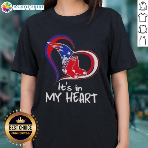 Official 'It's In My Heart' England Patriots and Boston Red Sox ladies tee featuring team logos and a stylish design.