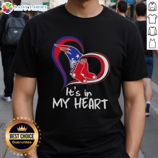 Alt Text: Official It'S In My Heart England Patriots and Boston Red Sox T-shirt featuring team logos and vibrant colors.
