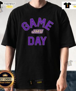 Alt Text: Official James Madison Dukes Game Day logo printed on a college t-shirt, perfect for fans and game day attire.