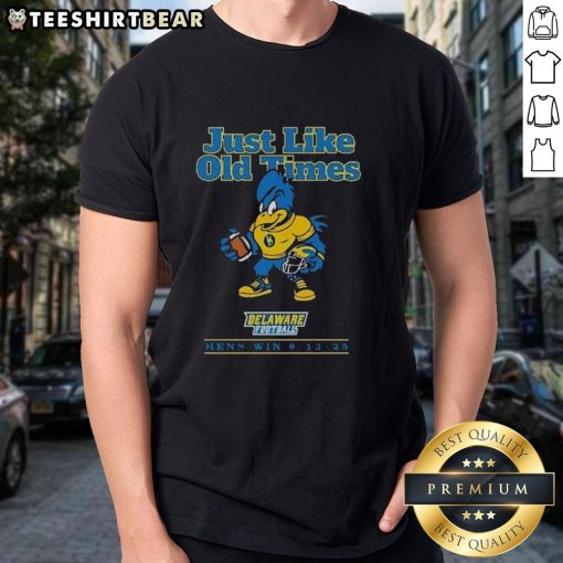 Delaware Football Hens Celebrate Victory with 'Just Like Old Times' T-Shirt from Connecticut Win on September 13, 2025.
