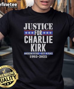 Official Justice For Charlie Kirk American Patriot T-Shirt, Rest In Peace 1993-2025, honoring a beloved figure.