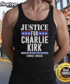 Justice for Charlie Kirk tank top honoring American patriot, featuring 'Rest in Peace 1993-2025' design.