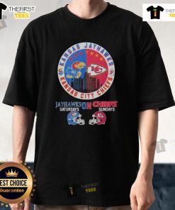 Alt Text: Kansas Jayhawks and Kansas City Chiefs NFL T-shirt for 2025, perfect for fans of both teams on game days.