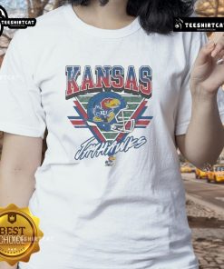 Alt Text: Vintage ladies tee featuring the official Kansas Jayhawks logo in a stylish triangle design. Perfect for fans!