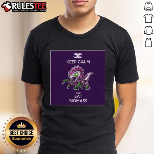Official Keep Calm And Eat Biomass T-Shirt featuring a bold design promoting sustainable living and biomass awareness.